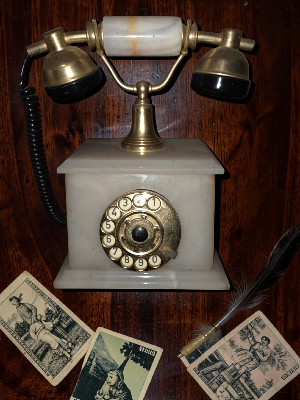 Vintage Cream Alabaster/Marble Rotary Desk Phone - With Brass Accents